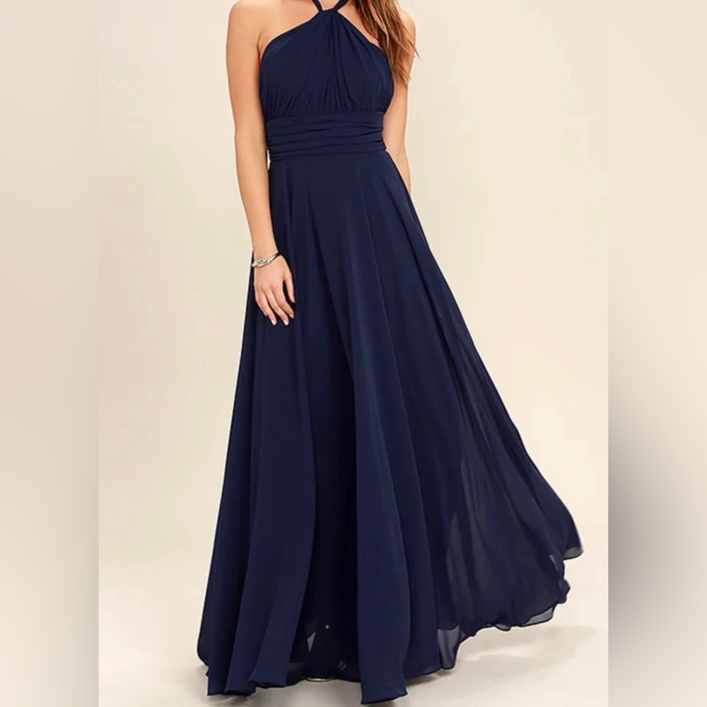 LULUS Dance of the Elements Chiffon Navy Blue Maxi Formal Dress Gown XS